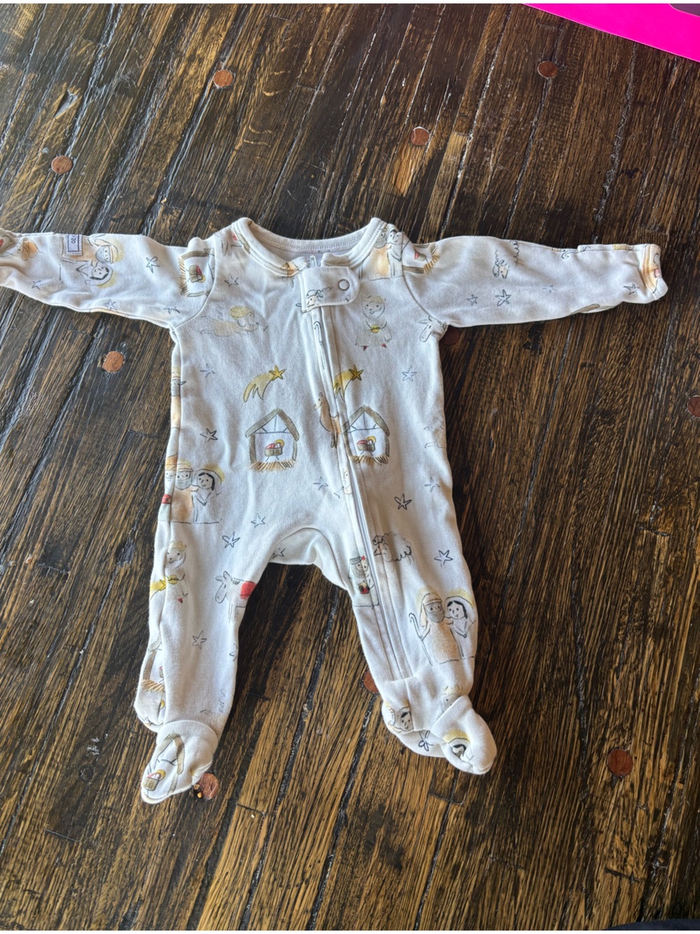 Holy Pals White Baby Footed One-Piece Sleeper with nativity scene 100% cotton